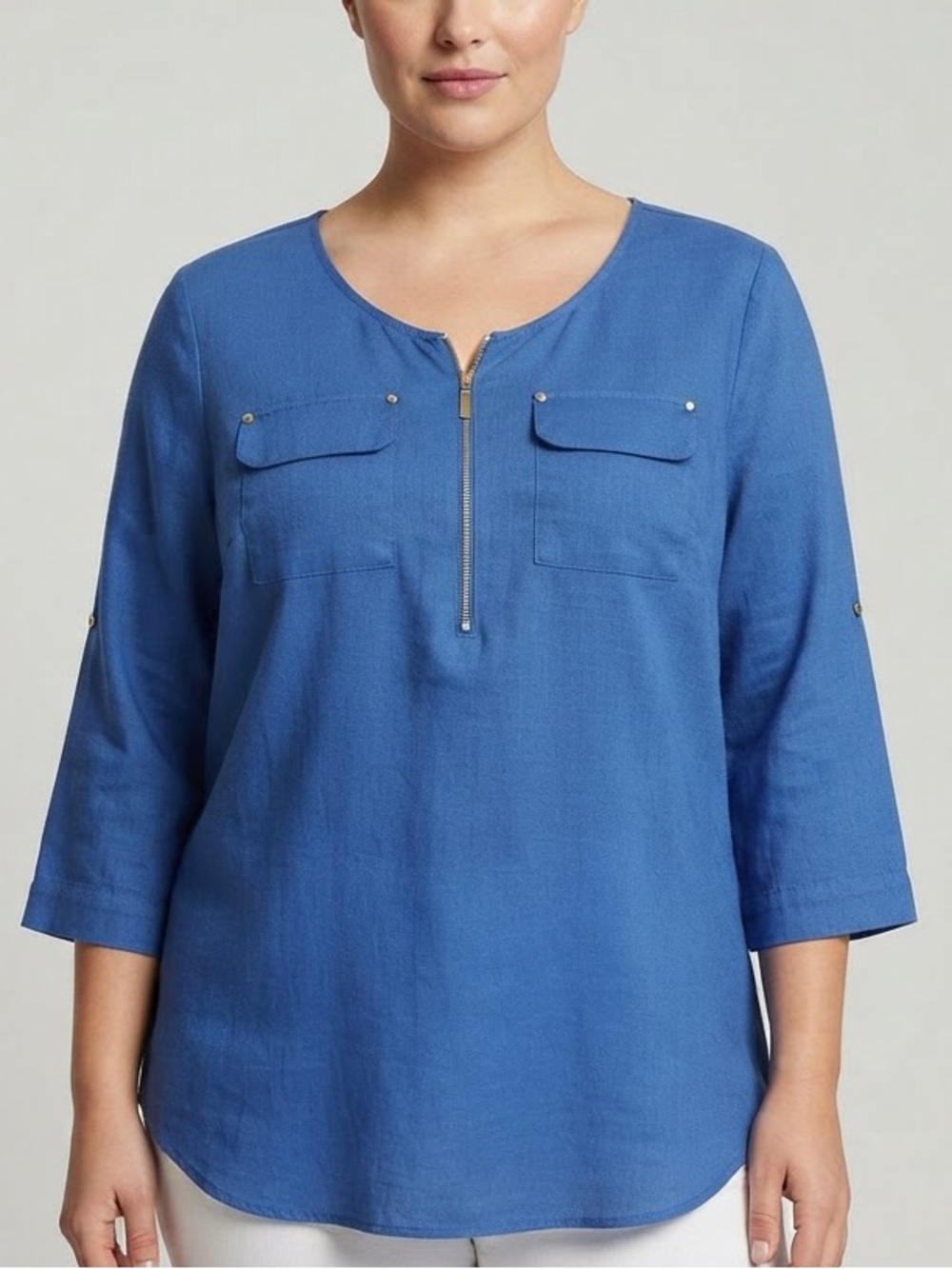 Ellen Tracy Blue 100% Linen 1/4 Zip Pocket Top 1X Lagenlook Minimalist Preppy